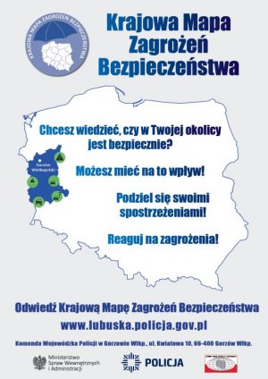 Grafika promująca aplikację Krajowa Mapa Zagrożeń Bezpieczeństwa. Na błękitnym tle znajduje się kontur mapy polski. Wewnątrz niego oraz wokół niego znajdują się opisy aplikacji.