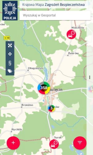 Zrzut ekranu wykonany z pozycji aplikacji, przedstawiający mapę oraz ilość dokonanych zgłoszeń we wskazanym rejonie.
