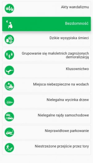 Znaczniki dostępne w aplikacji ukazane w formie listy. Znacznik bezdomność zaznaczony jest kolorem zielonym.